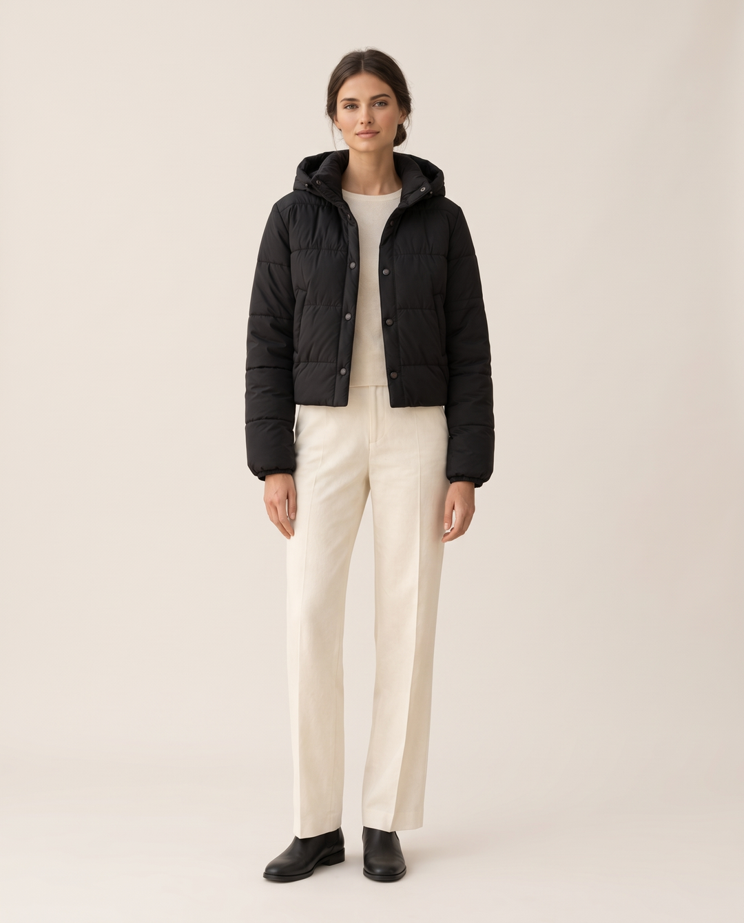 Cropped Puffer Jacket with Hood and Snaps — studio front