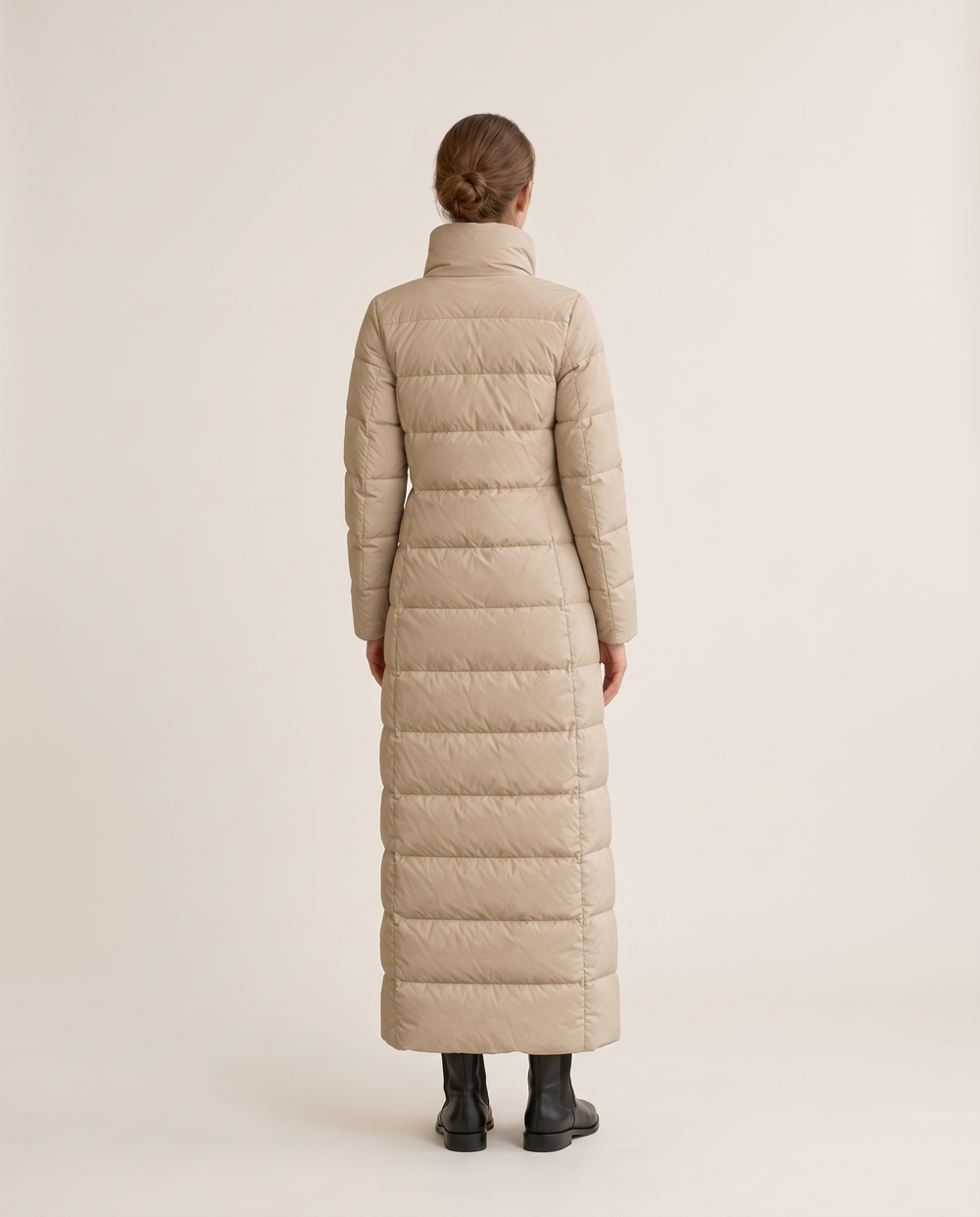 Full-Length Quilted Puffer Coat with Stand Collar — studio back