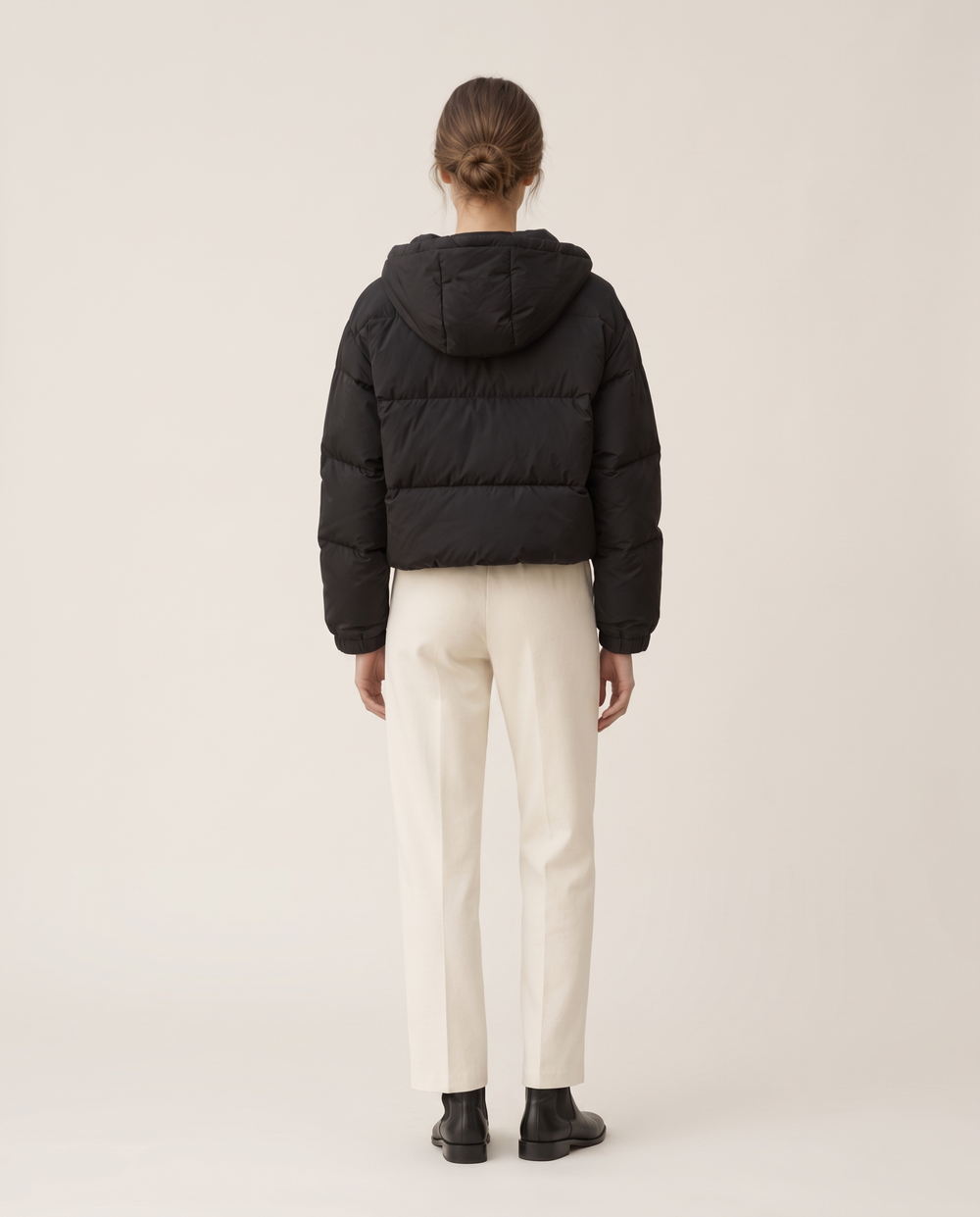 Cropped Puffer Jacket with Hood and Snaps — studio back