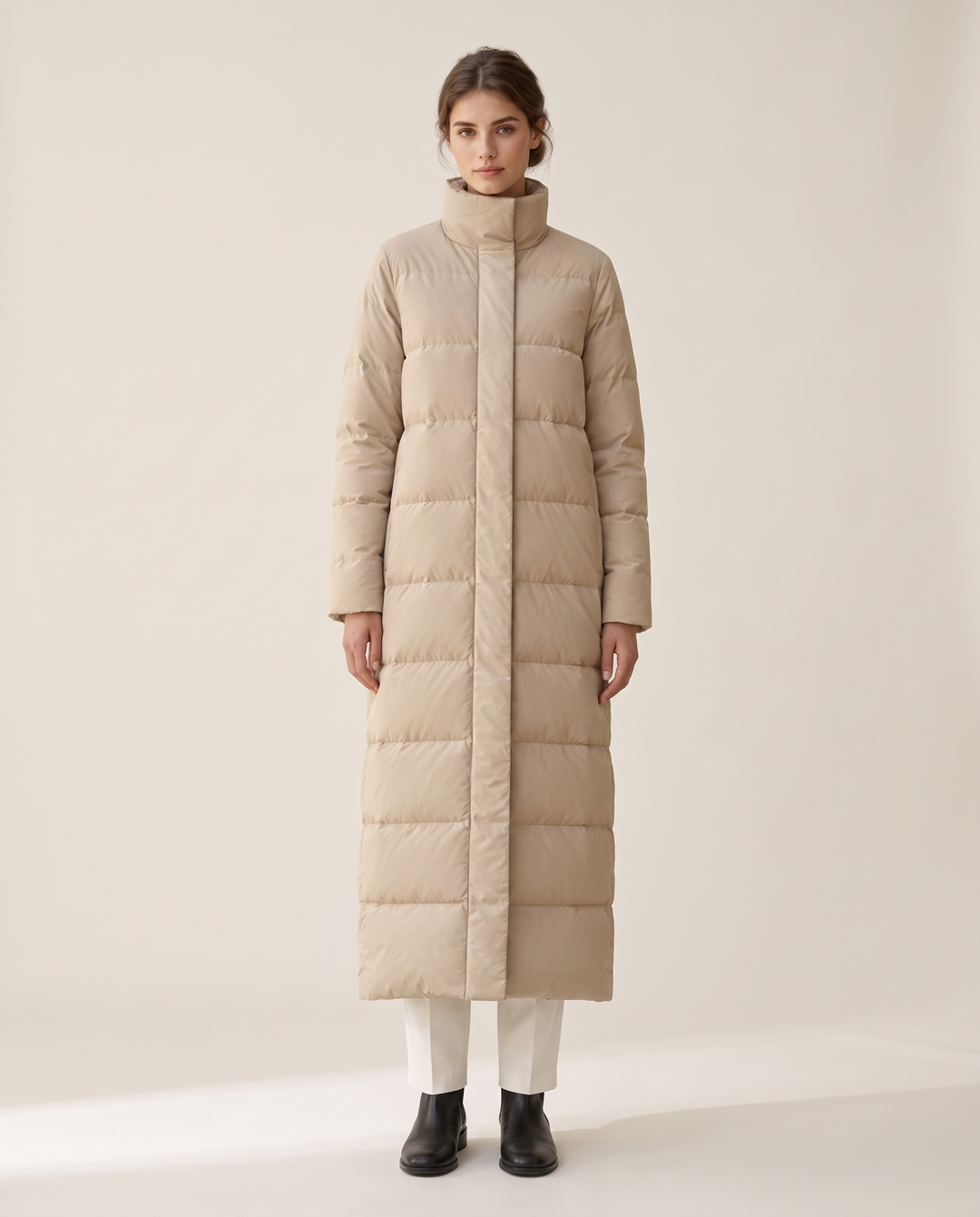 Full-Length Quilted Puffer Coat with Stand Collar — studio front
