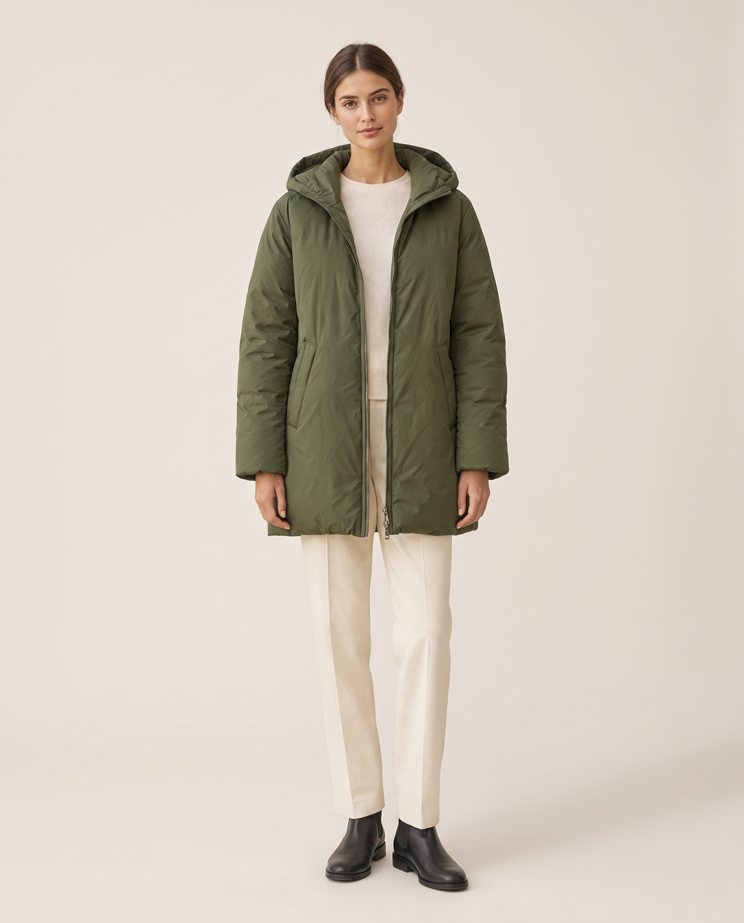 Oversized Hooded Puffer Coat for Women — studio front