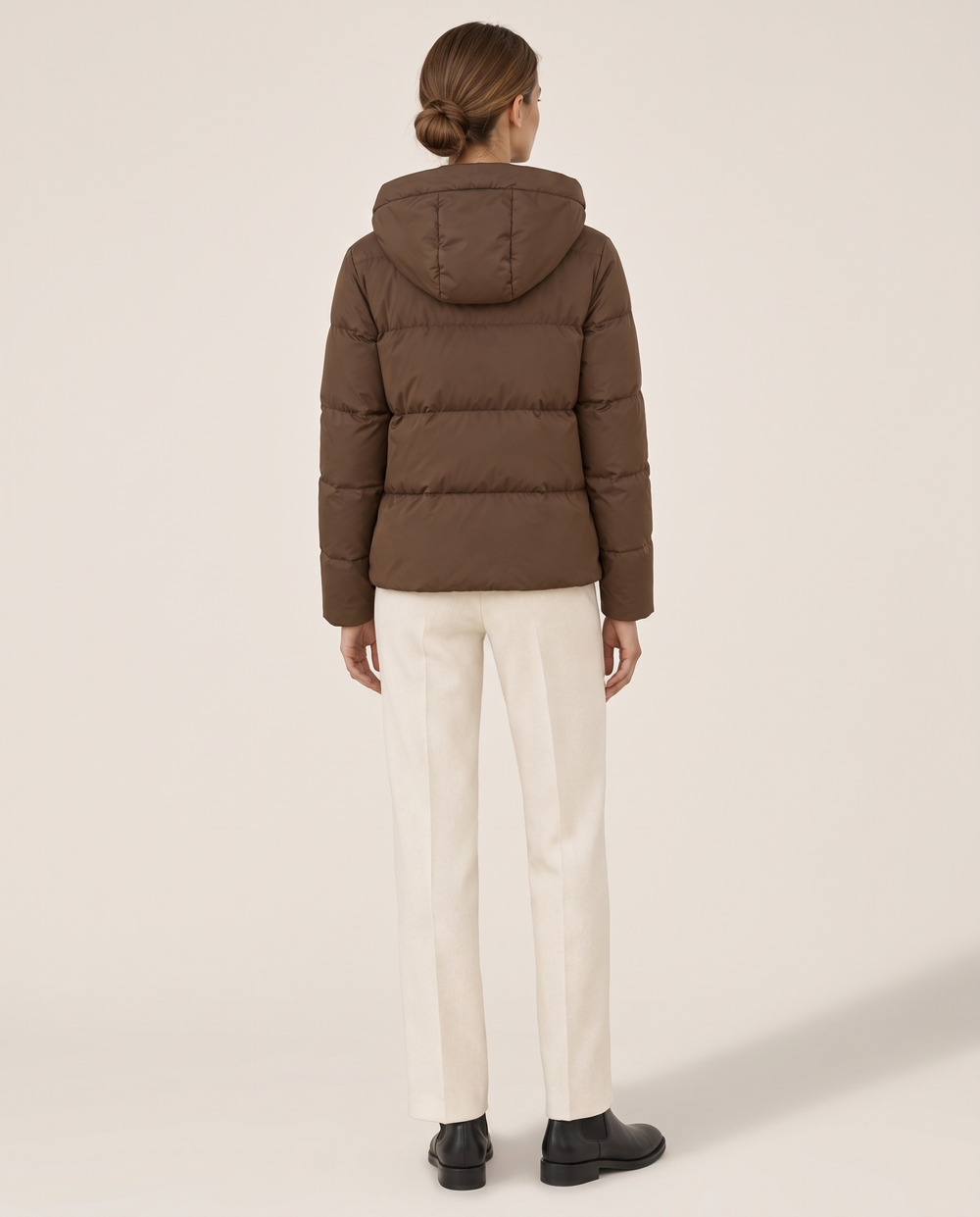 Hooded Puffer Jacket with Funnel Neck — studio back