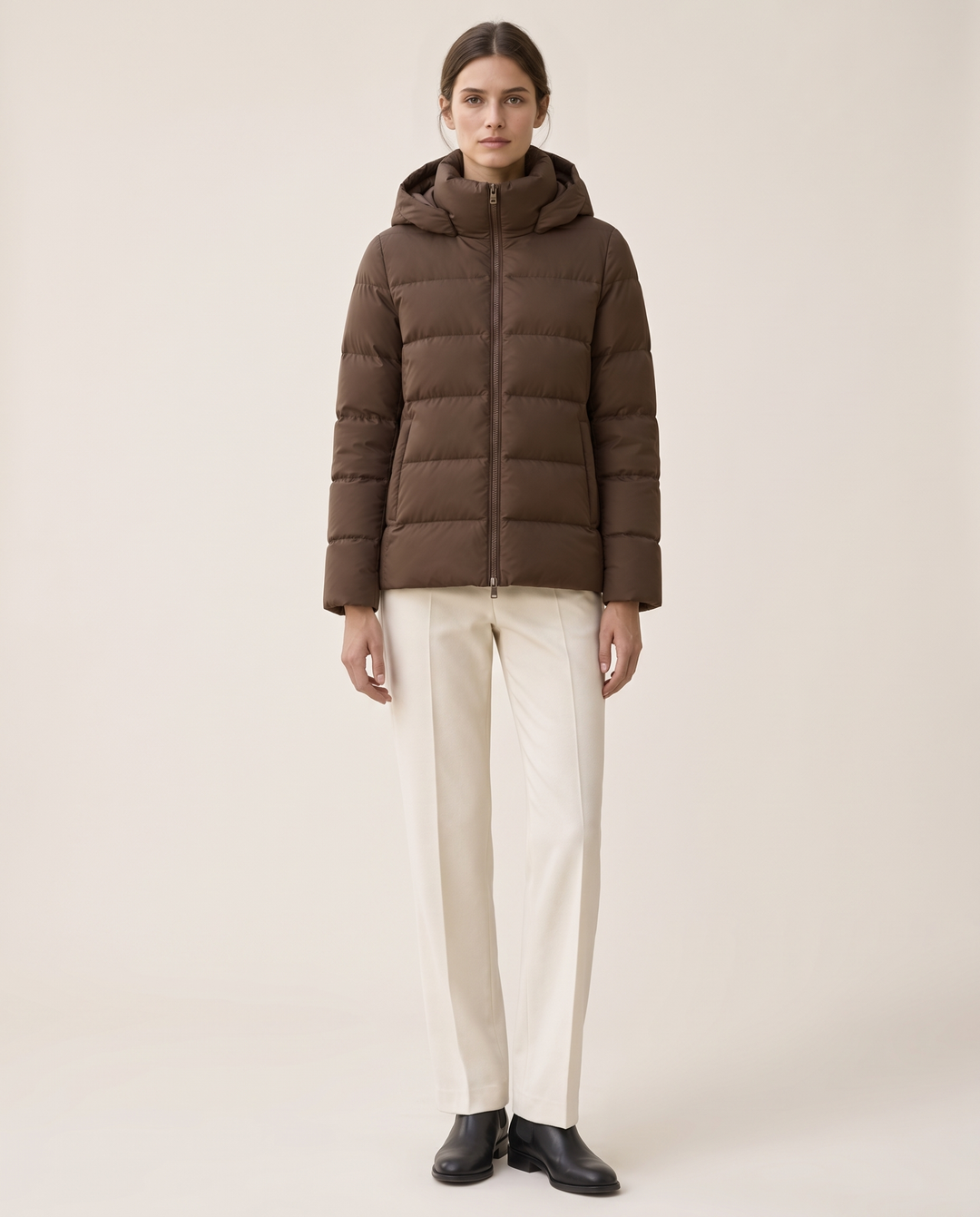Hooded Puffer Jacket with Funnel Neck — studio front