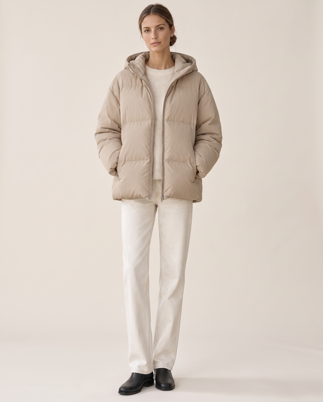 Loose Hooded Down Jacket for Women — studio front
