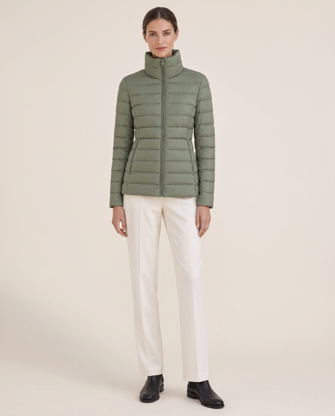 Tailored Quilted Puffer Jacket with High Neck — studio front