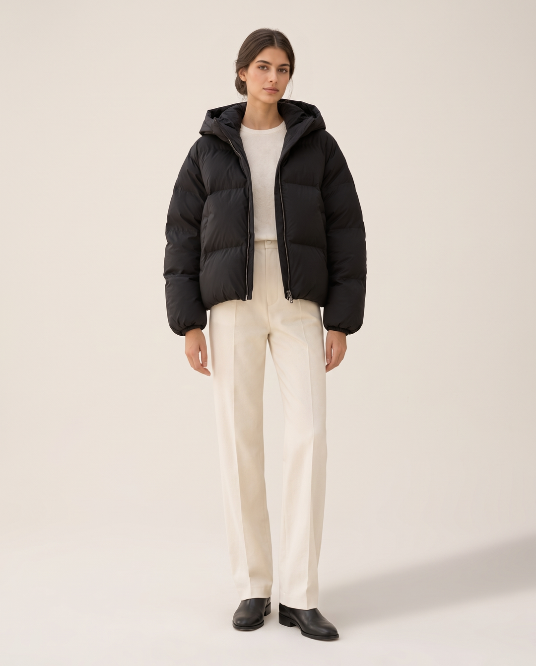 Oversized Hooded Puffer Jacket for Women — studio front