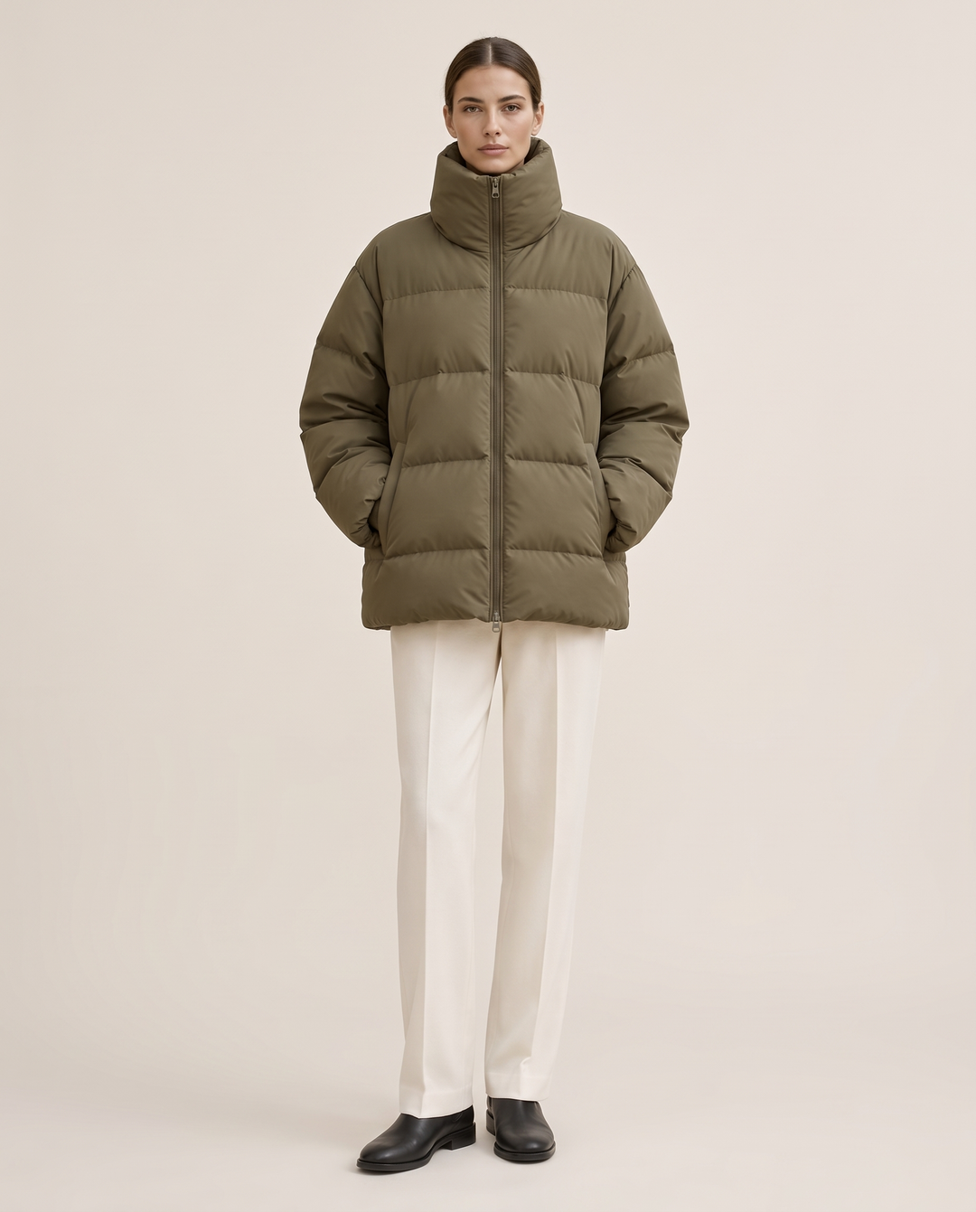 Oversized Quilted Puffer Jacket with Funnel Neck — studio front