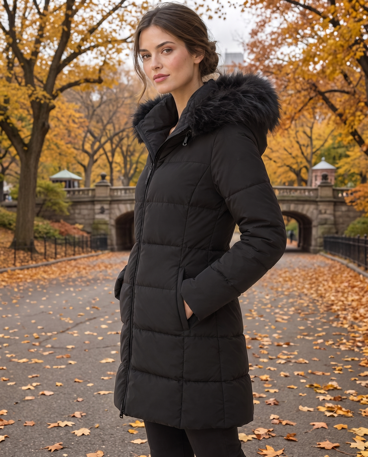 Long Hooded Puffer Coat with Plush Trim — worn in Central Park in autumn