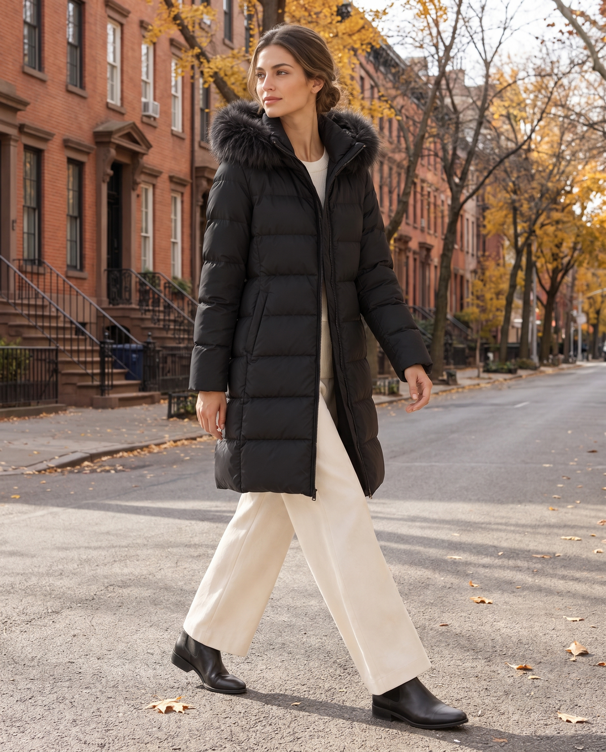Long Hooded Puffer Coat with Plush Trim — worn on a New York street in autumn