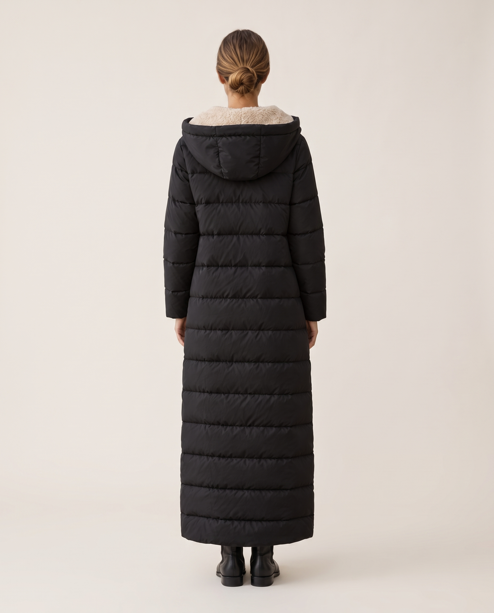 Black Maxi Puffer Coat with Sherpa Hood — studio back