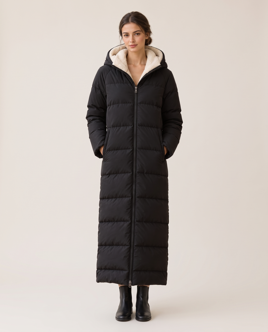 Black Maxi Puffer Coat with Sherpa Hood — studio front