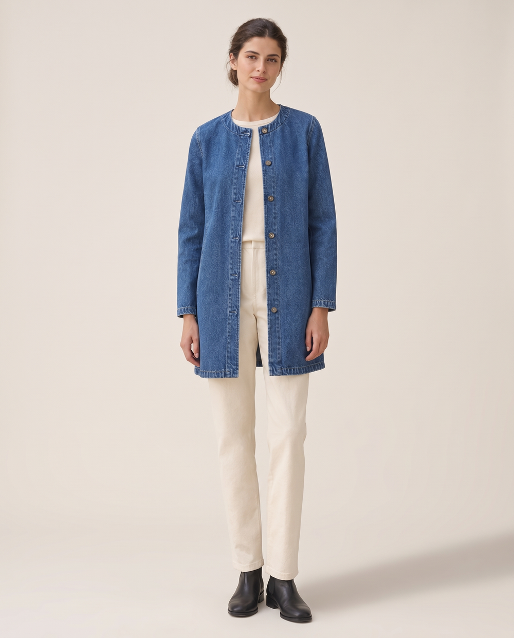 Long Denim Coat for Women — studio front