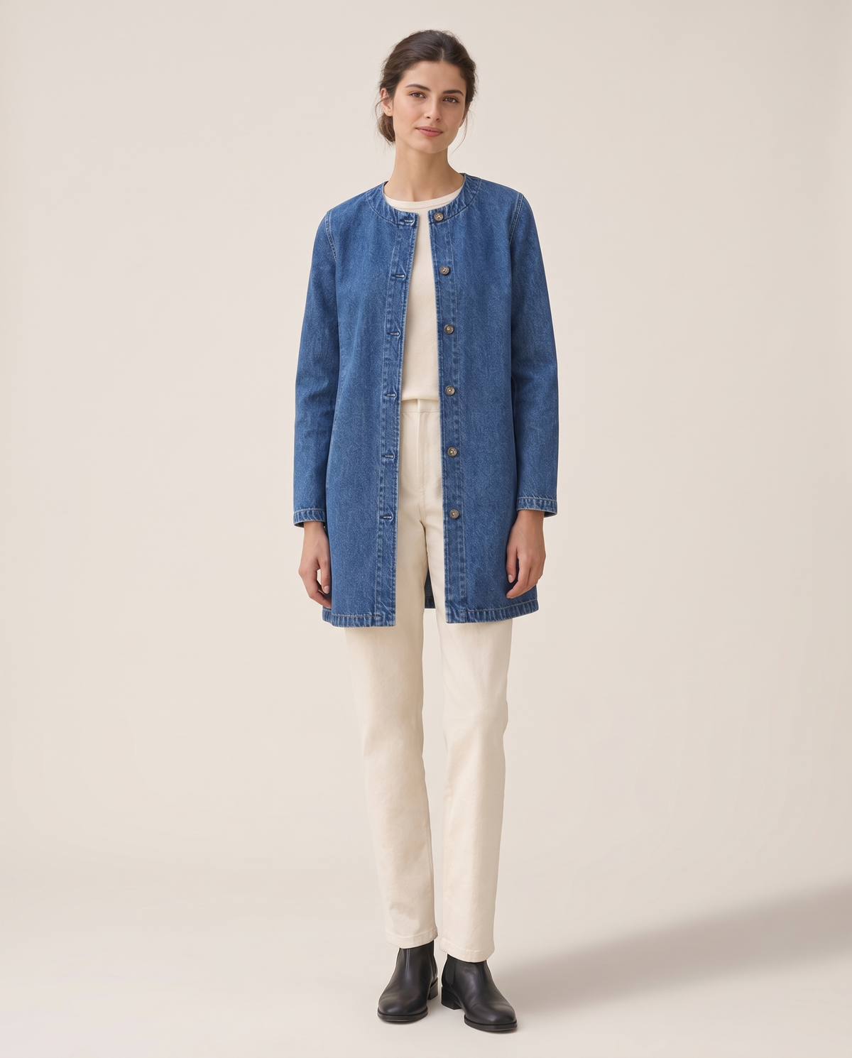 Long Denim Coat for Women — studio front
