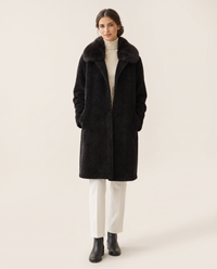 Chenille Coat with Detachable Fur Collar — black, studio front