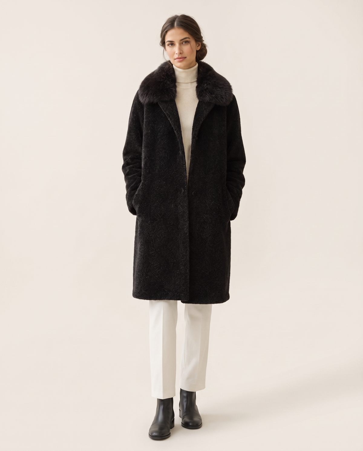 Chenille Coat with Detachable Fur Collar — black, studio front