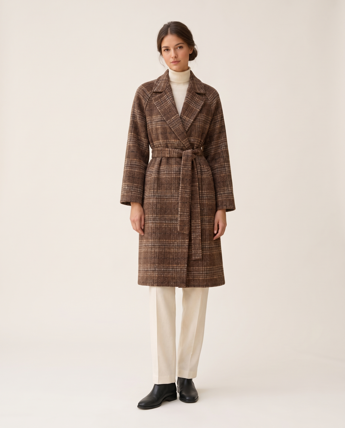 Plaid Belted Winter Coat for Women — studio front