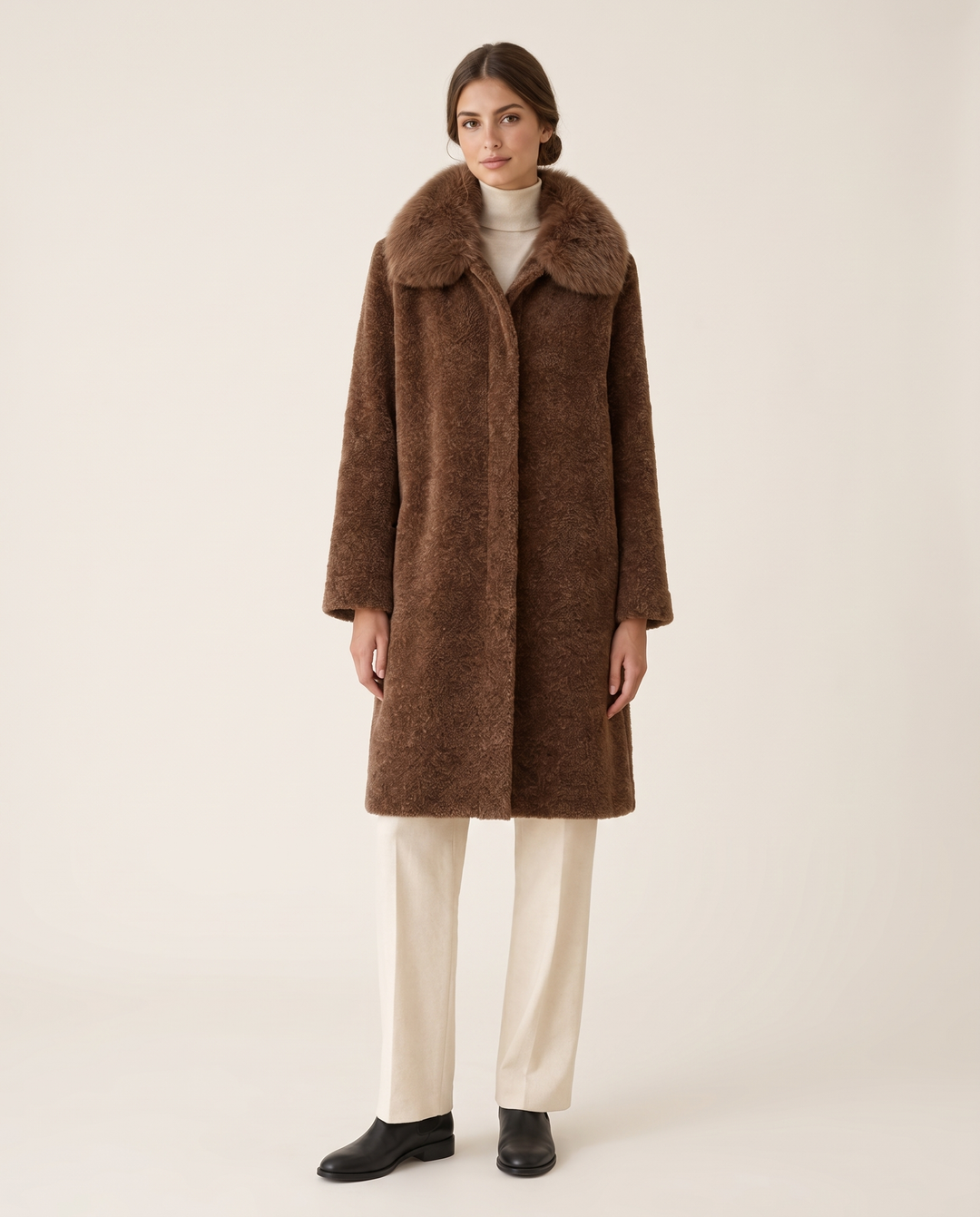 Chenille Coat with Detachable Fur Collar — studio front