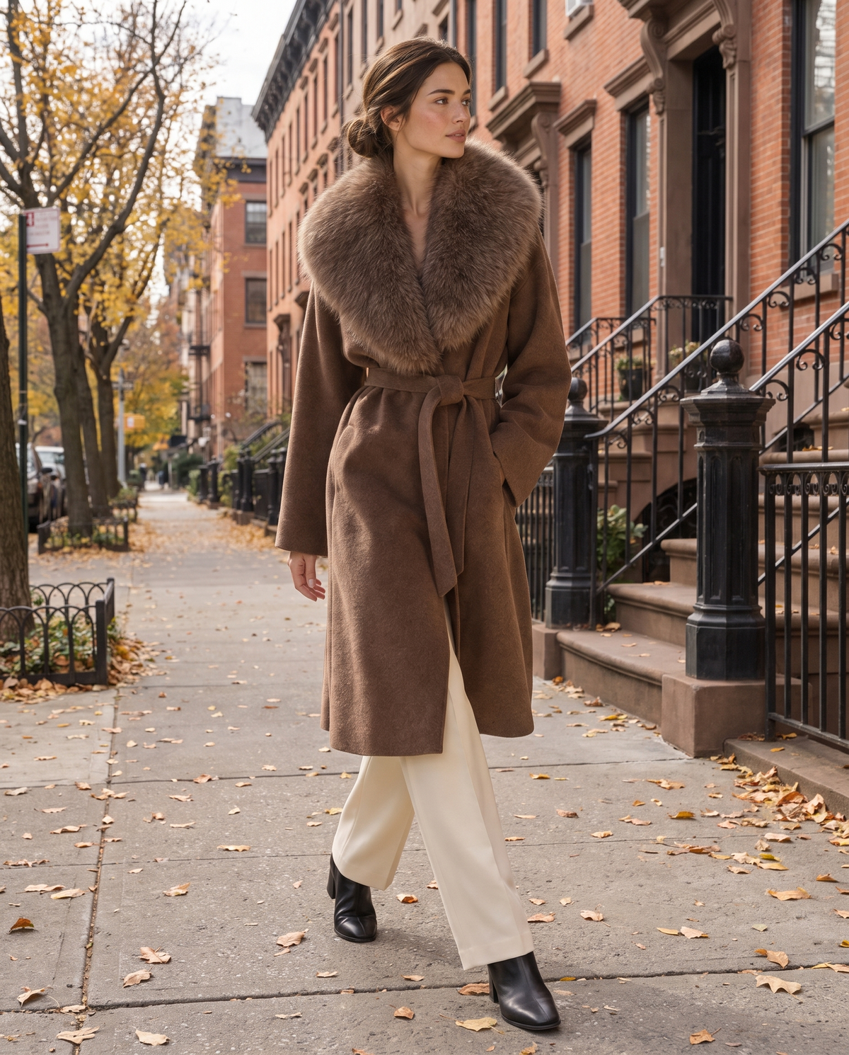 Belted Coat with Large Faux Fur Collar — worn on a New York street in autumn
