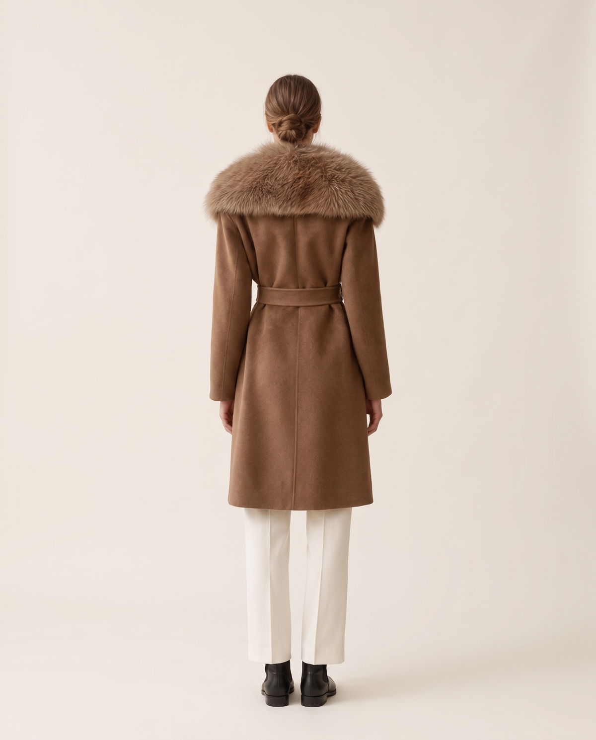 Belted Coat with Large Faux Fur Collar — studio back