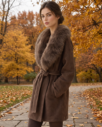 Belted Coat with Large Faux Fur Collar — worn in Central Park in autumn