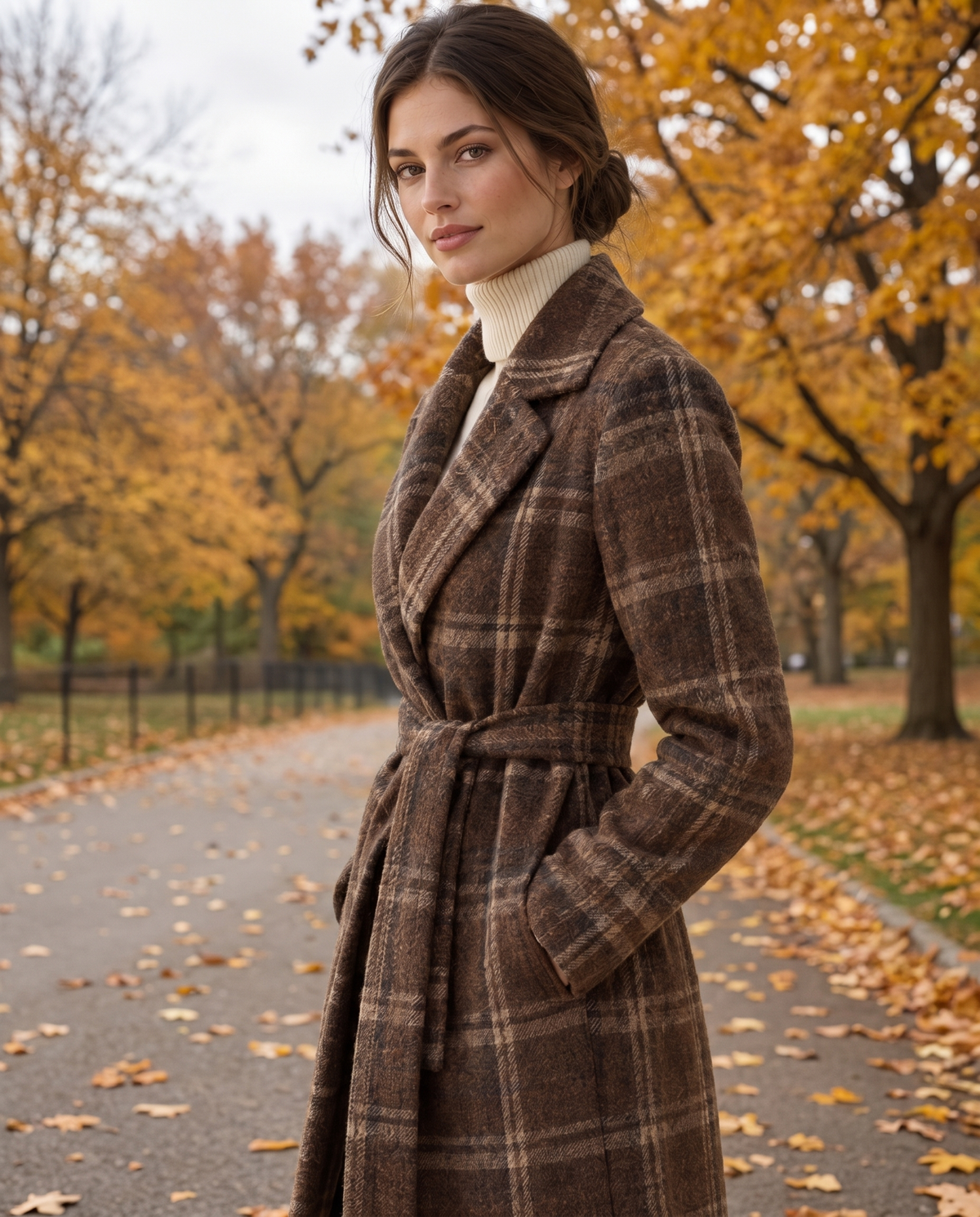 Plaid Belted Winter Coat for Women — worn in Central Park in autumn