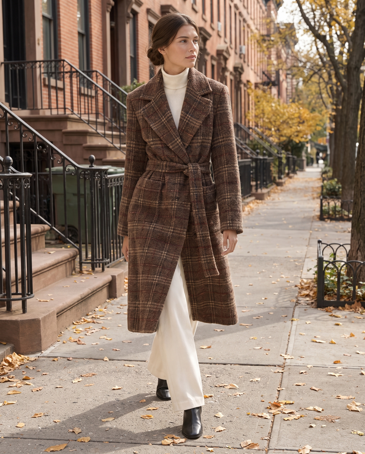 Plaid Belted Winter Coat for Women — worn on a New York street in autumn