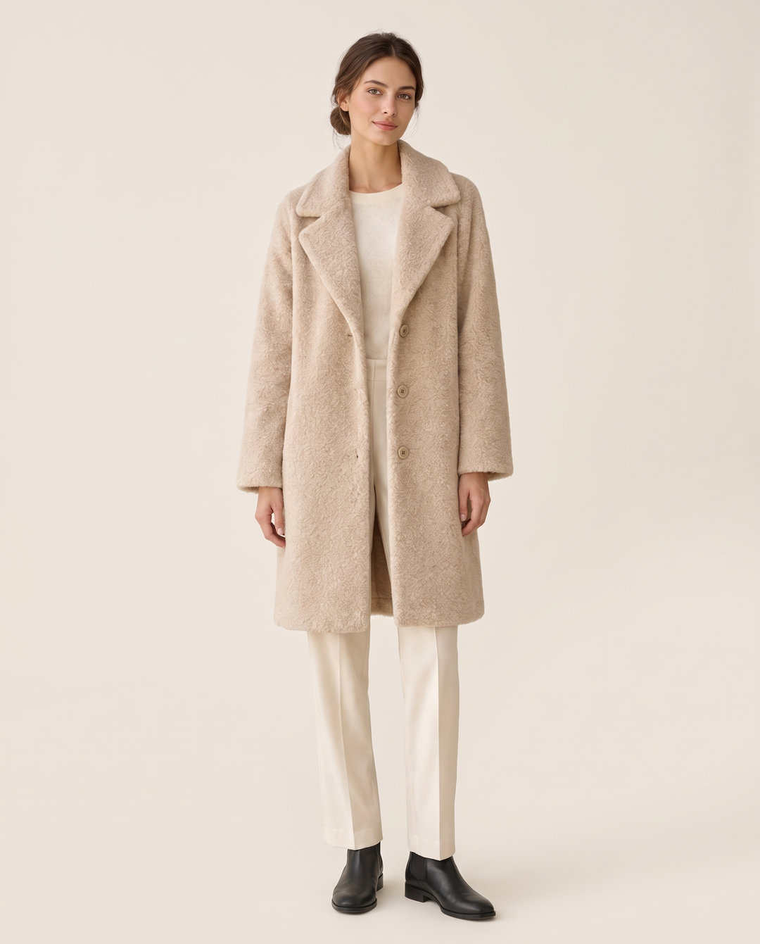 Plush Fleece Coat with Wide Lapels — studio front