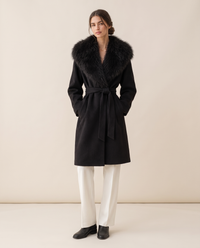 Belted Coat with Large Faux Fur Collar — black, studio front