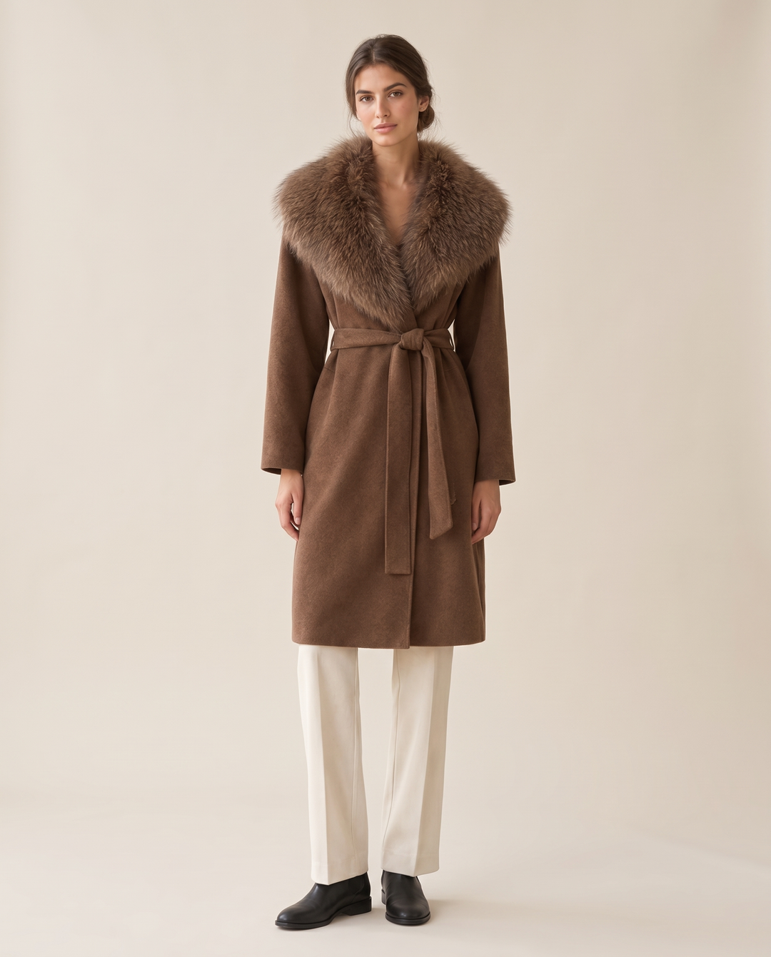 Belted Coat with Large Faux Fur Collar — studio front
