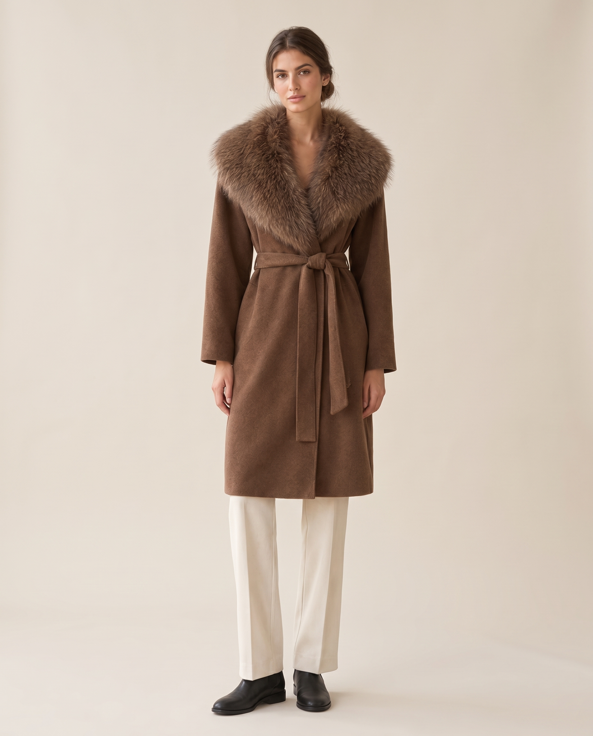 Belted Coat with Large Faux Fur Collar — studio front