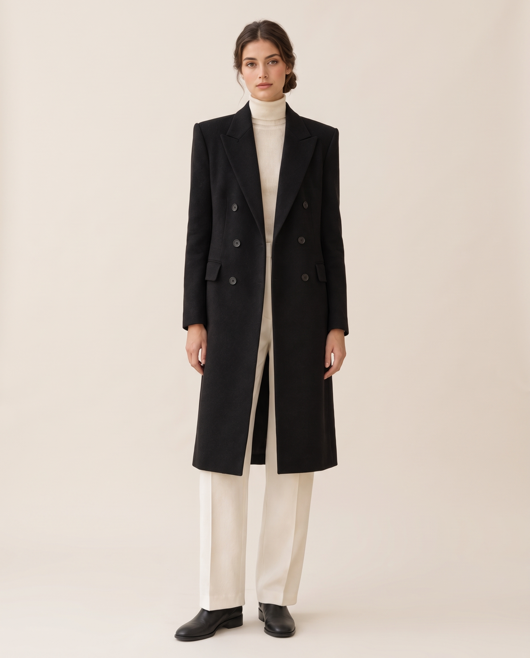 Longline Double-Breasted Tailored Coat — studio front