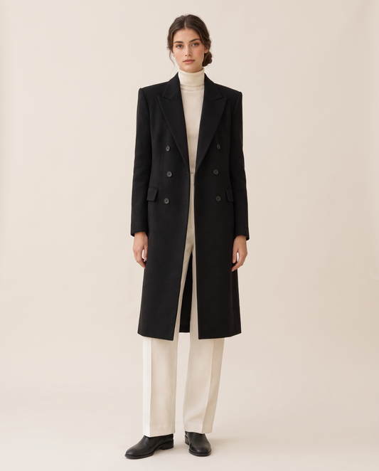Longline Double-Breasted Tailored Coat — studio front