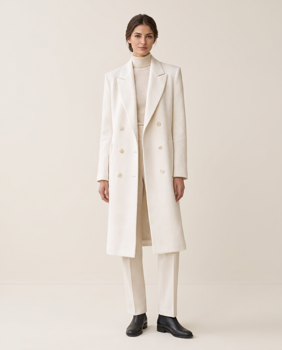Longline Double-Breasted Tailored Coat — ivory, studio front