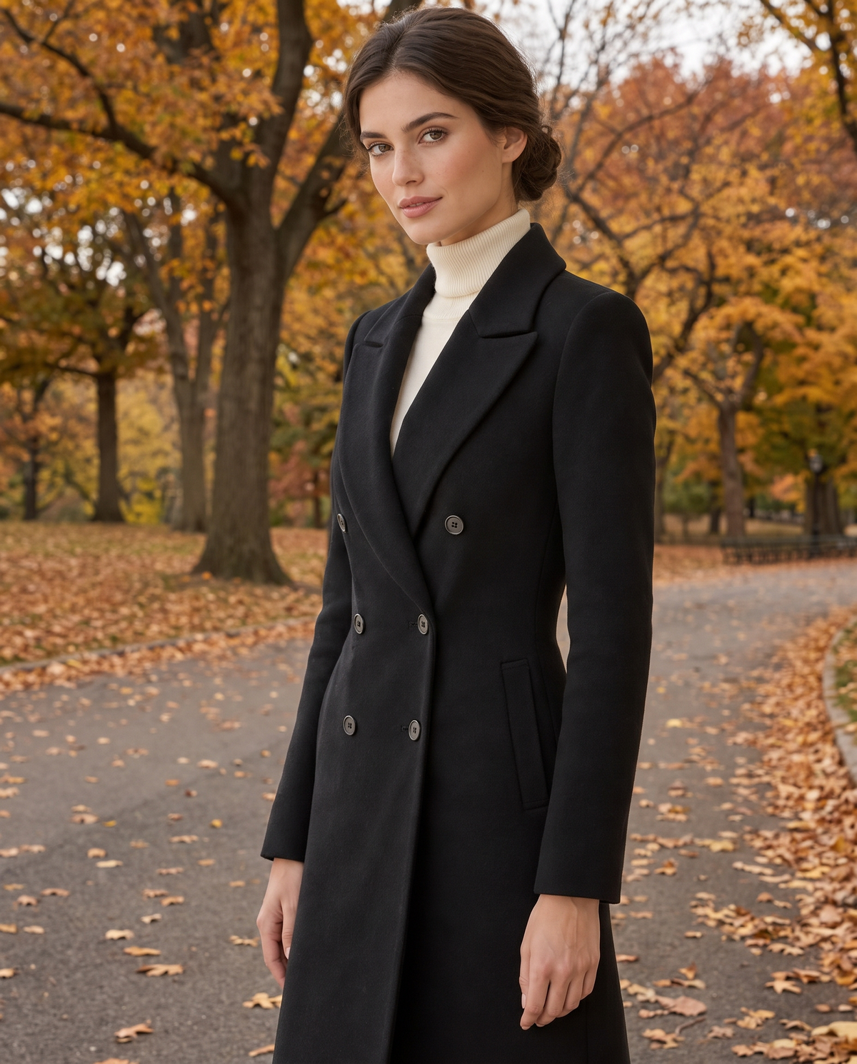 Longline Double-Breasted Tailored Coat — worn in Central Park in autumn