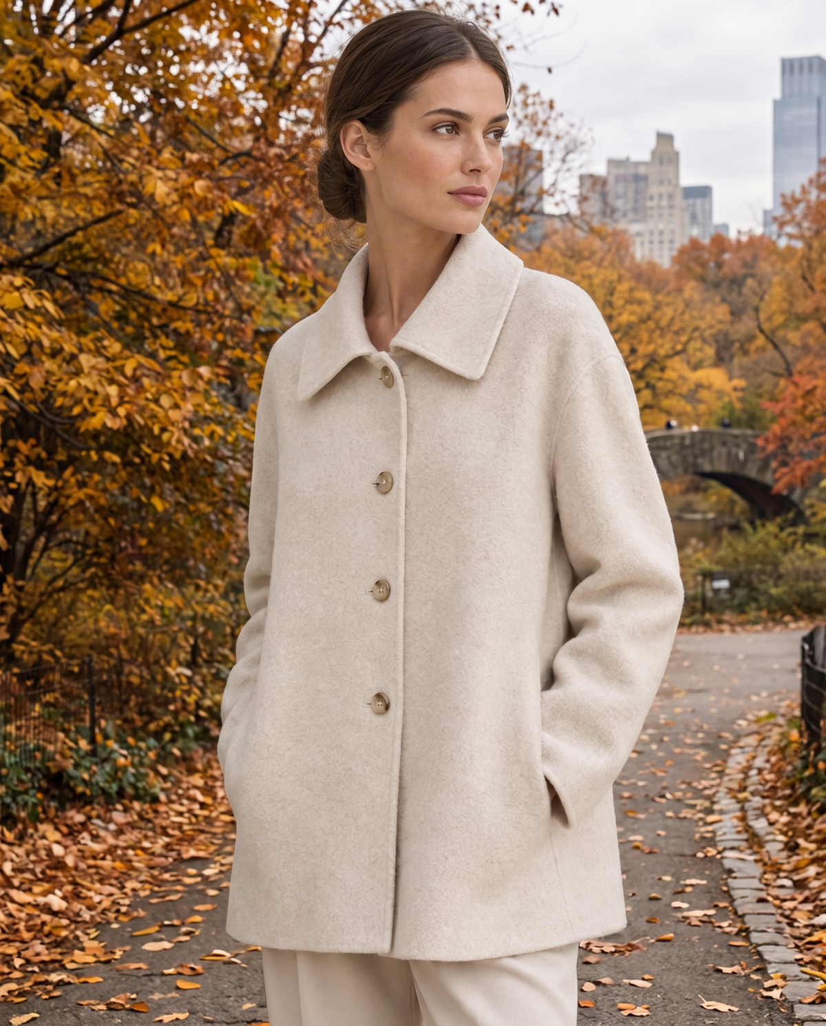 Polo Collar Coat with Pockets — worn in Central Park in autumn