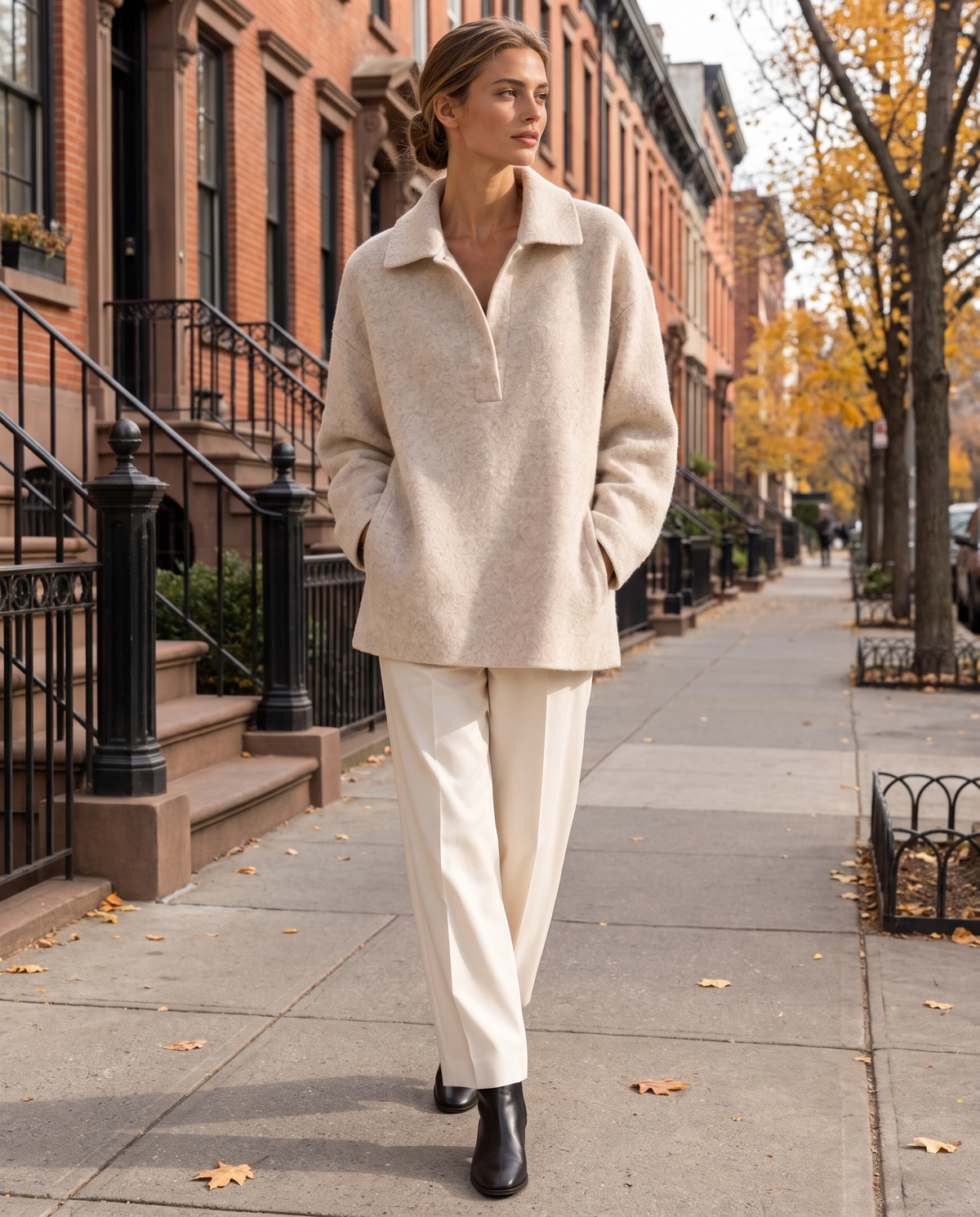 Polo Collar Coat with Pockets — worn on a New York street in autumn