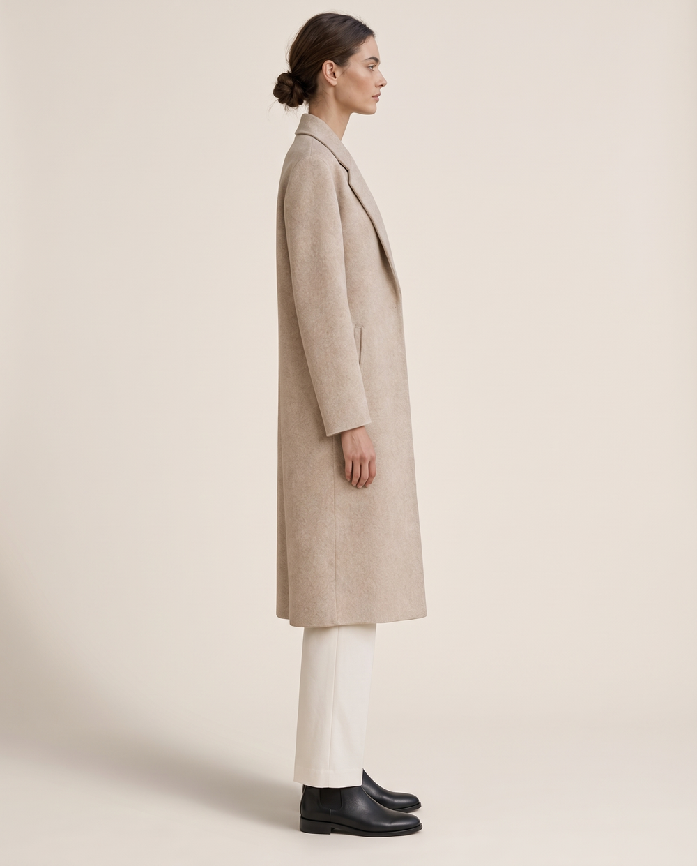Long Beige Wool Coat for Women — side view, studio
