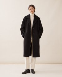 Oversized Wool-Blend Coat with Dropped Shoulders — black, studio front