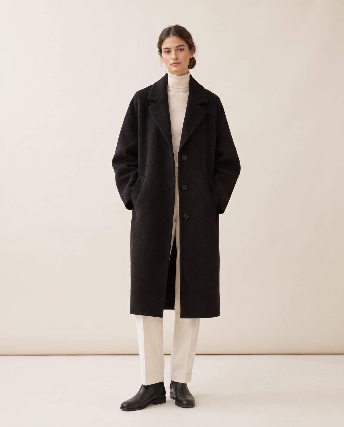 Oversized Wool-Blend Coat with Dropped Shoulders — black, studio front