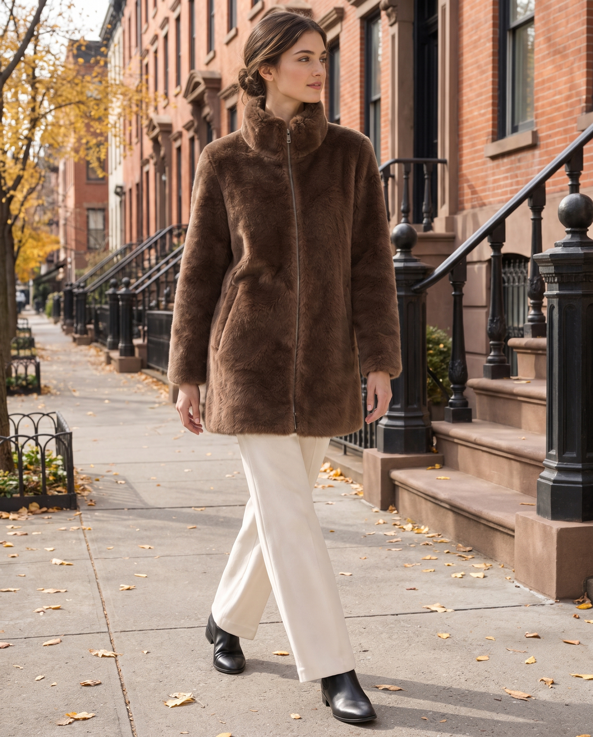 Faux Fur Coat with High Collar — worn on a New York street in autumn