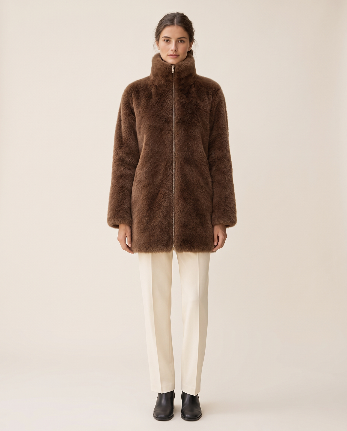 Faux Fur Coat with High Collar — studio front