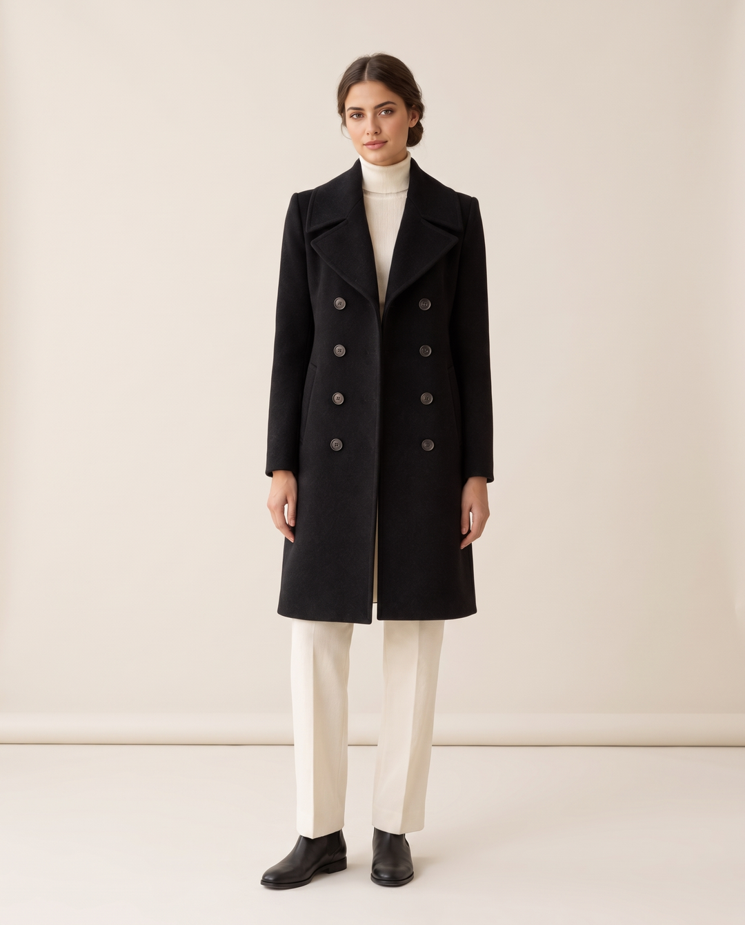 Double-Breasted Coat with Wide Collar — studio front