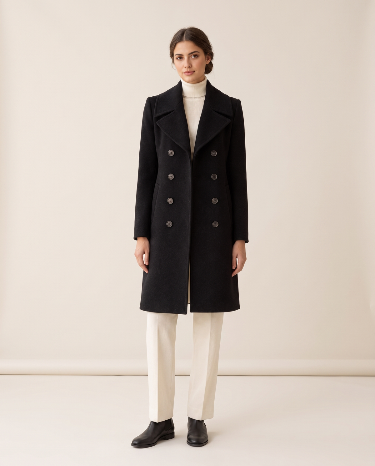 Double-Breasted Coat with Wide Collar — studio front
