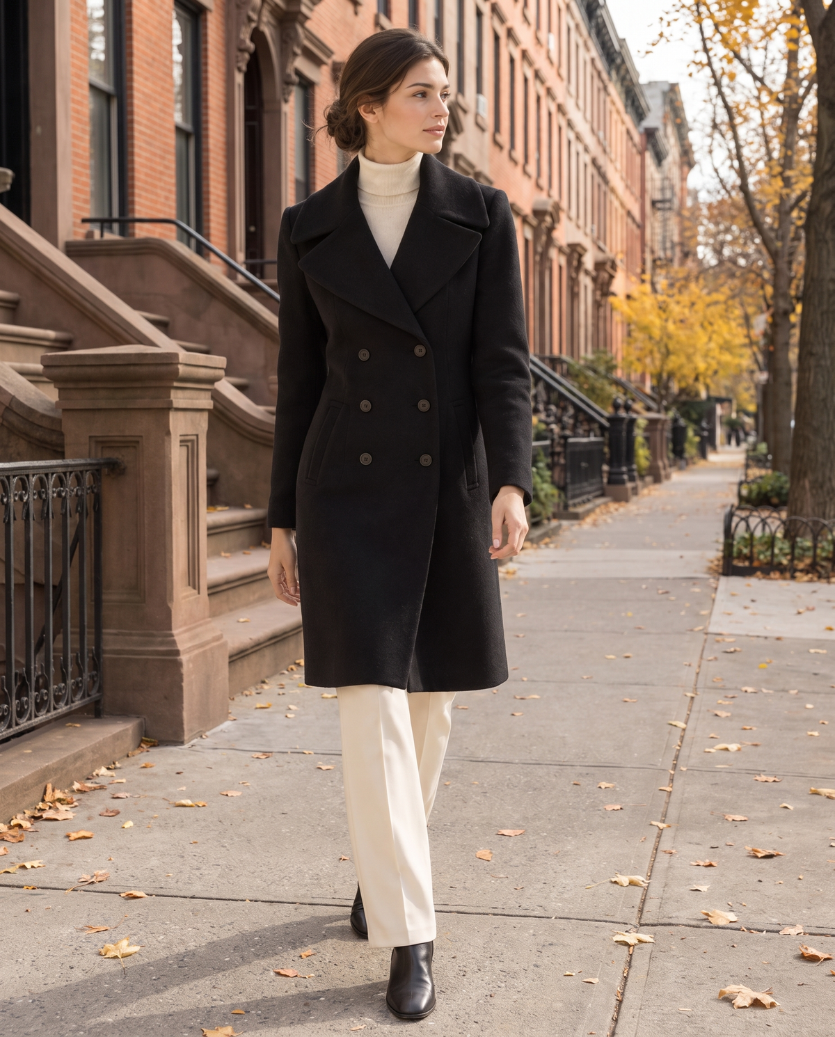 Double-Breasted Coat with Wide Collar — worn on a New York street in autumn