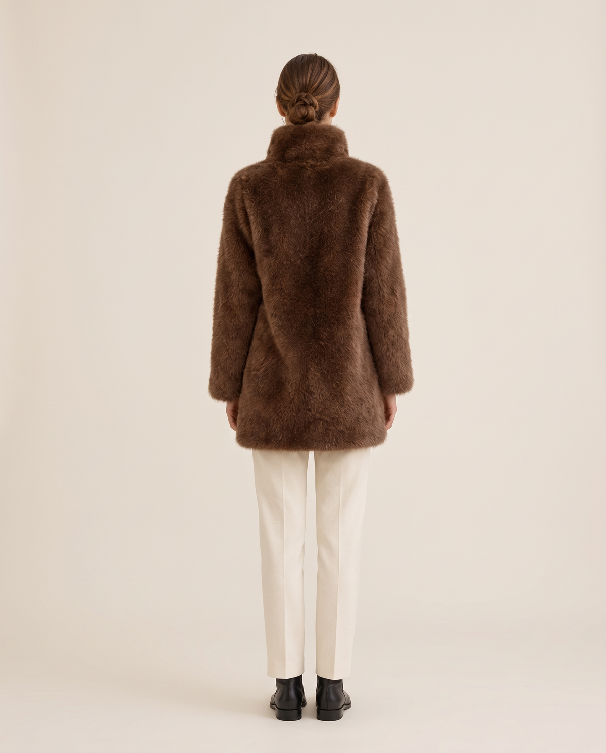 Faux Fur Coat with High Collar — studio back