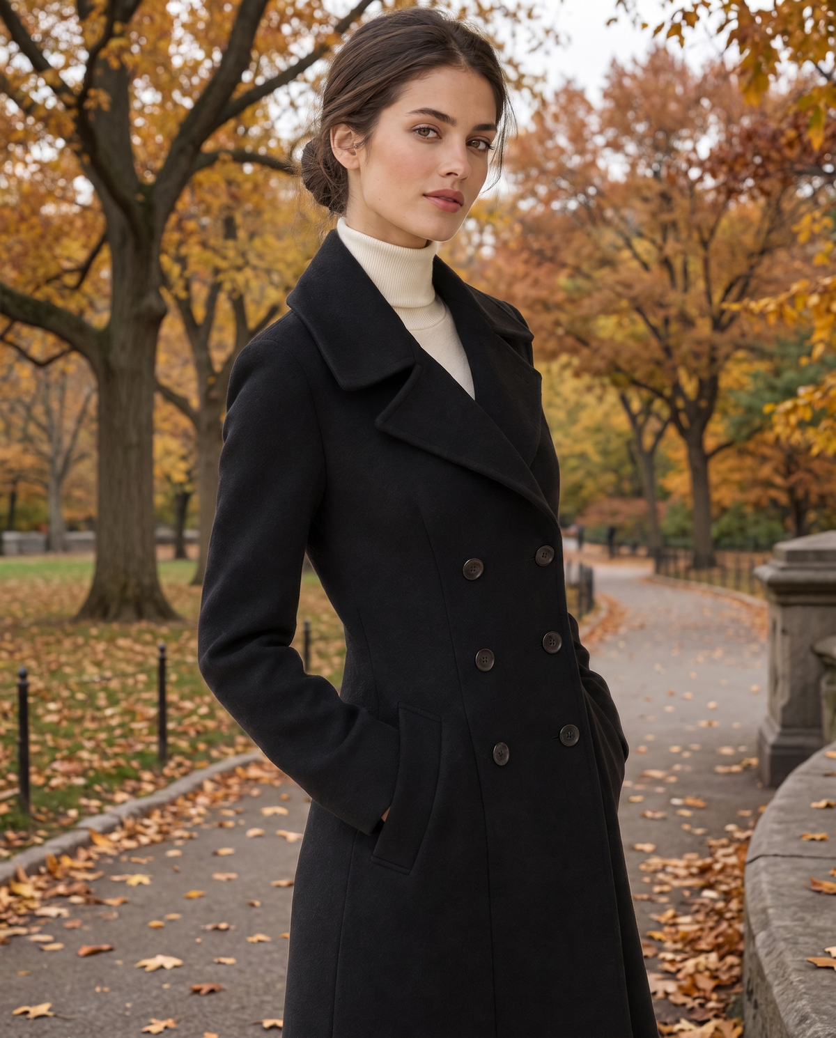 Double-Breasted Coat with Wide Collar — worn in Central Park in autumn