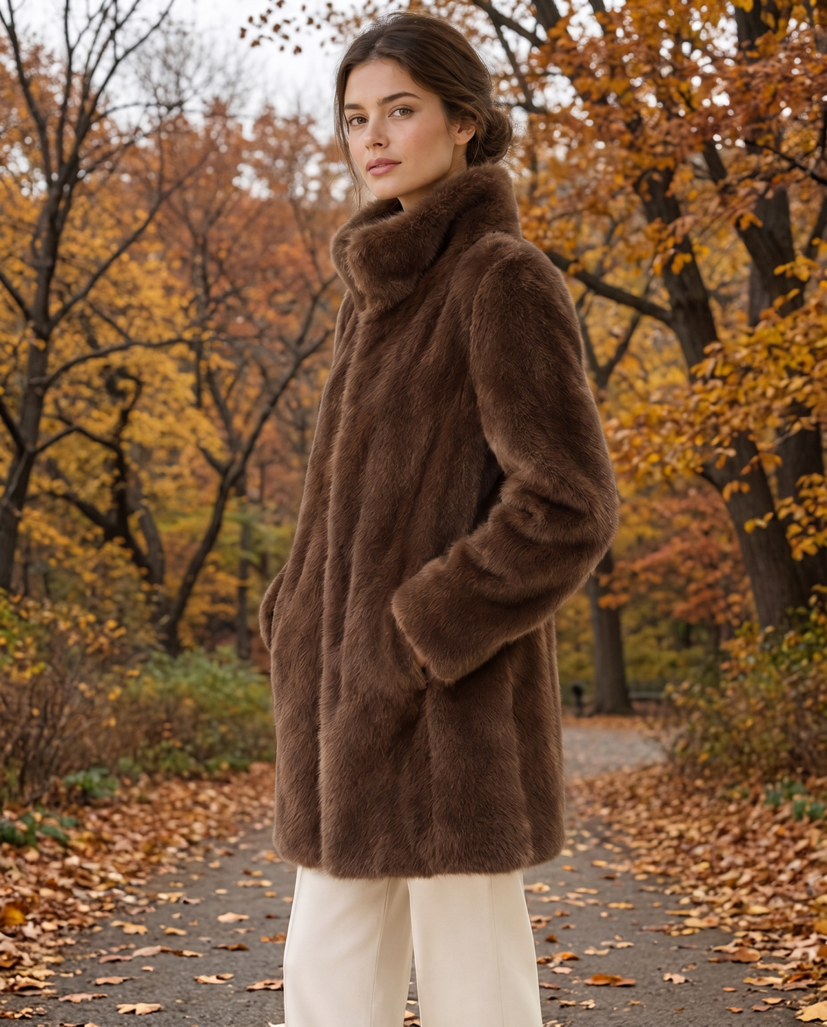 Faux Fur Coat with High Collar — worn in Central Park in autumn