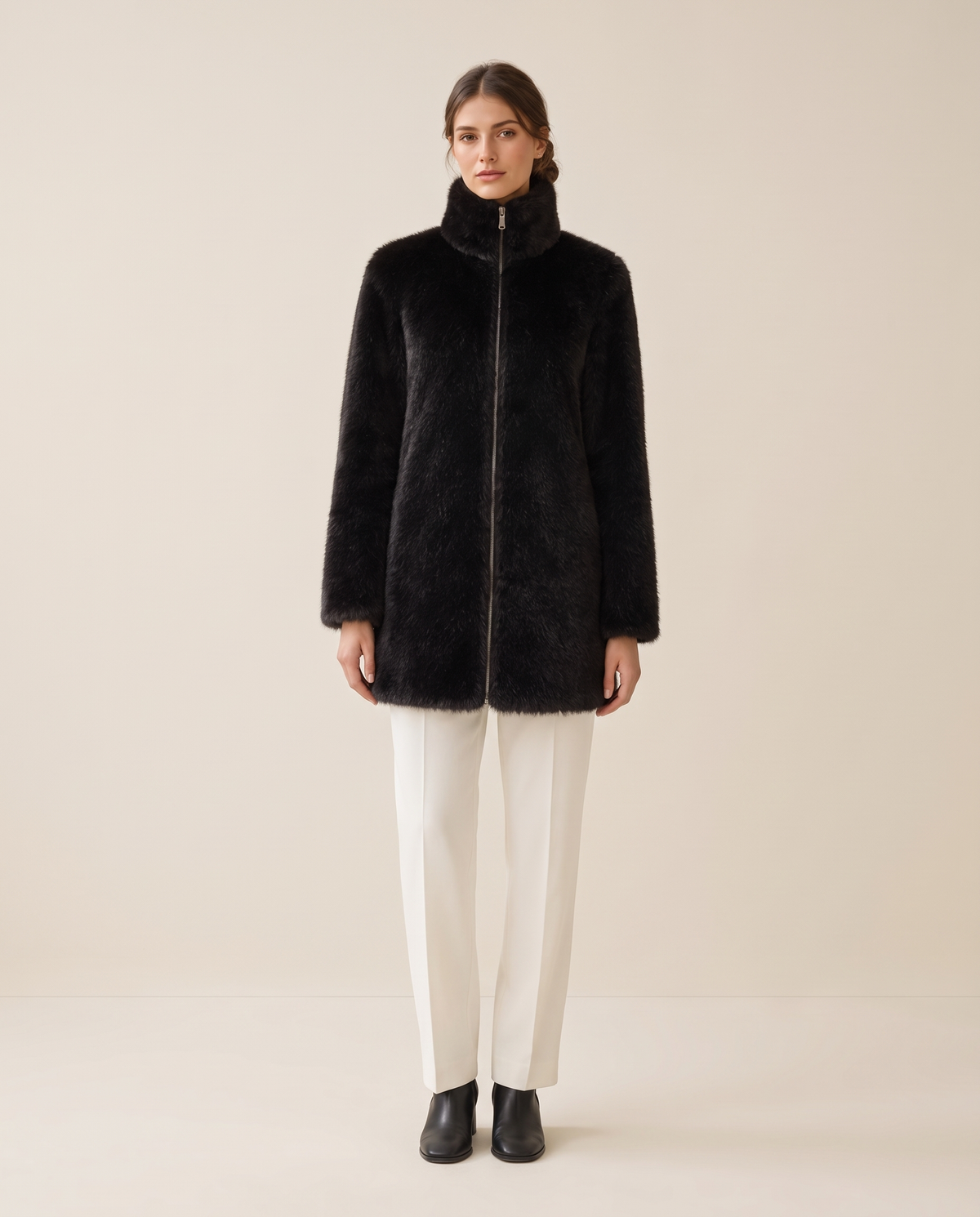 Faux Fur Coat with High Collar — black, studio front