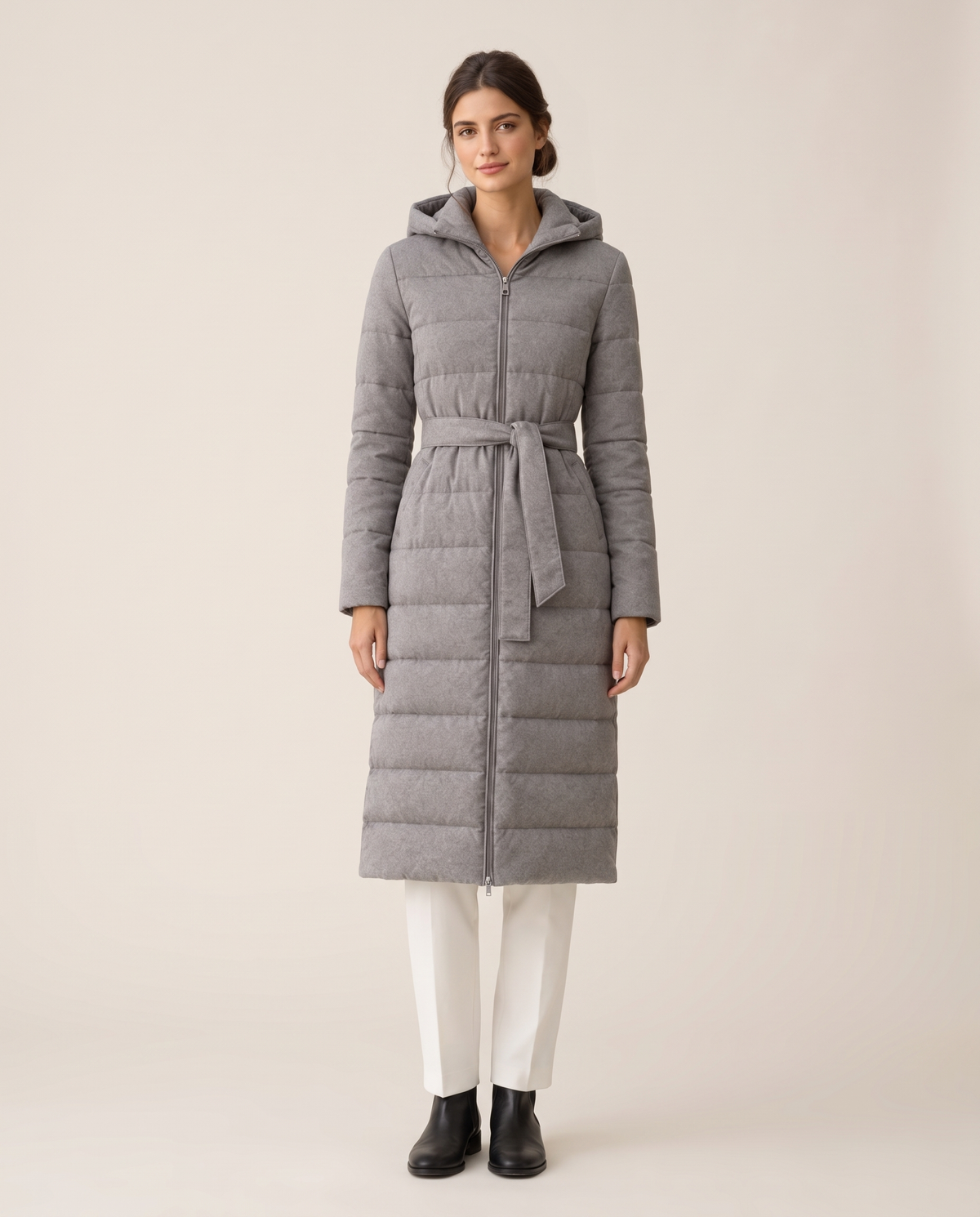 Long Belted Hooded Winter Coat — grey, studio front