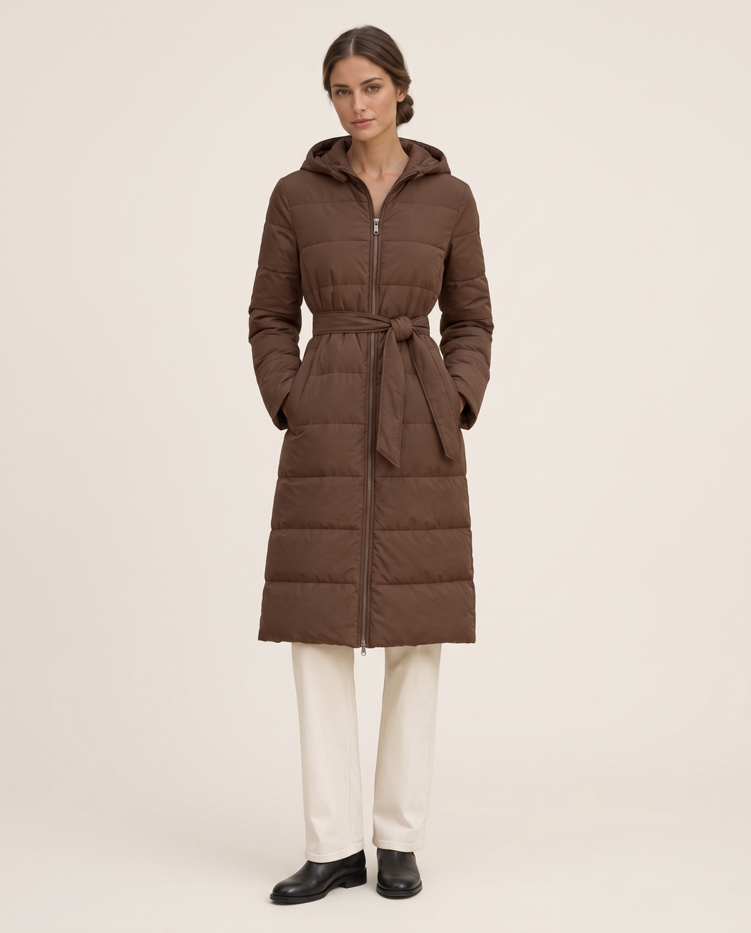 Long Belted Hooded Winter Coat — studio front
